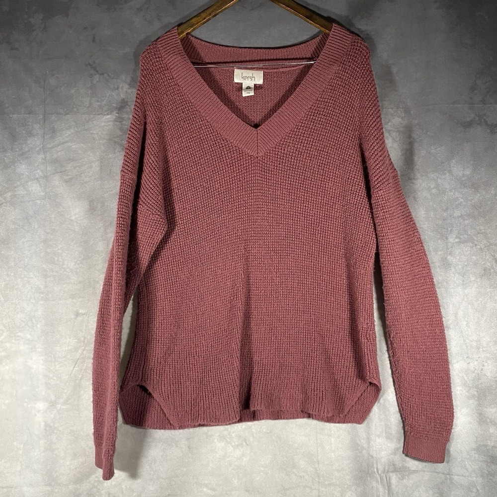 Kersh Merino Wool Blend Waffle Knit Purple‎ Sz L V Neck Longline Tunic Sweater